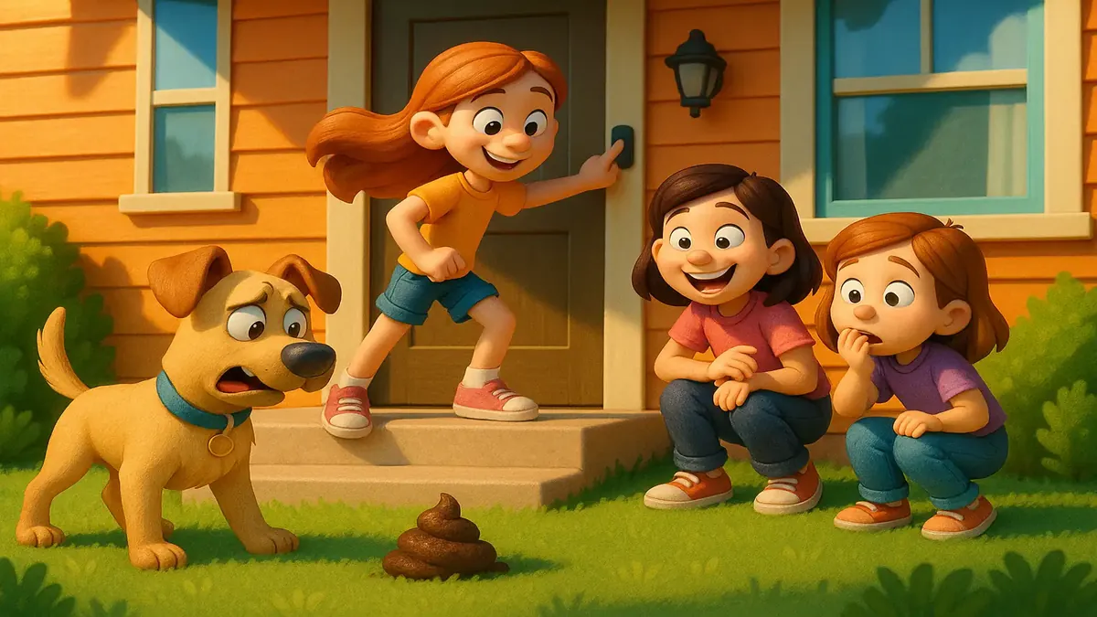 Cartoon-3D illustration of kids discovering random dog poop in their yard during summer adventures.