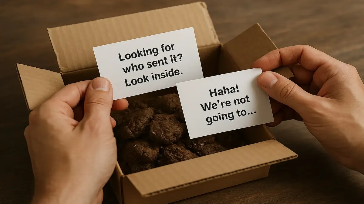 A photorealistic image of a humorous poop package from Poop Senders, featuring cow, elephant, and gorilla options.
