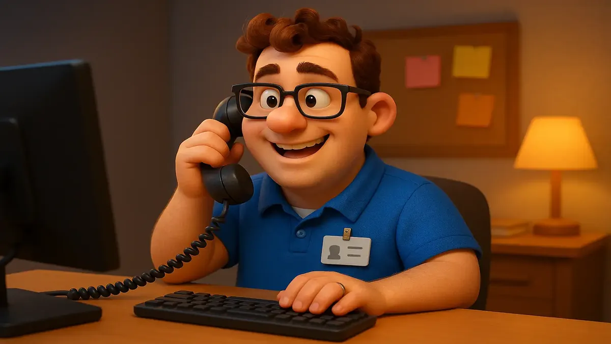 Cartoon-3D illustration of James from I.T. confronting a scammer over the phone at a hotel reception.