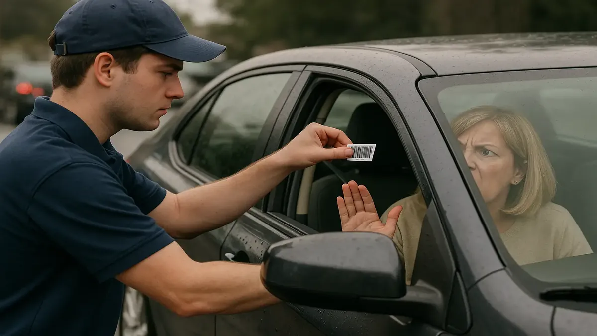 Car wash with busy customers and a frustrated woman demanding service, capturing a moment of petty revenge.