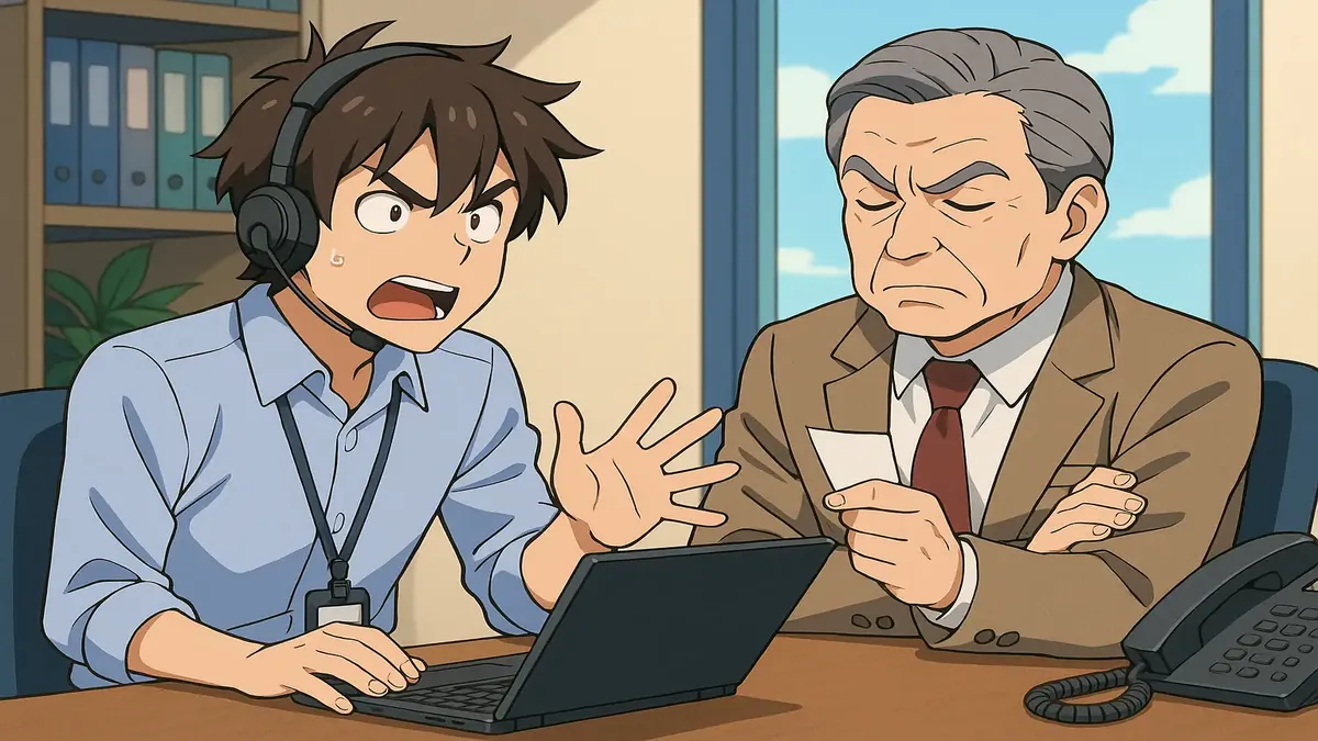 Anime illustration of frustrated IT support staff dealing with a never-ending ticket issue.