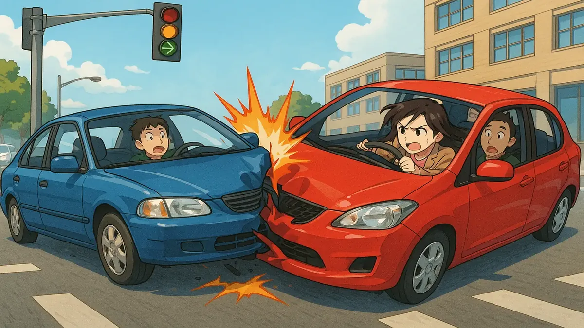 Anime-style illustration of a frustrated driver dealing with an insurance company over a clean driving record issue.