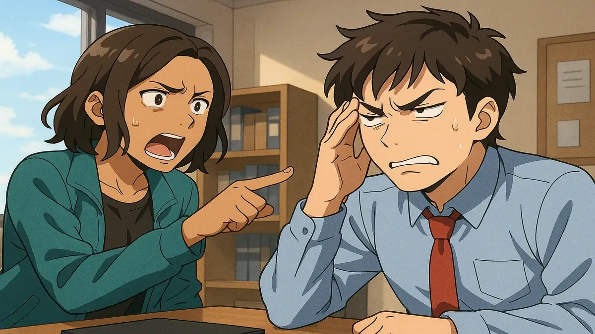 Anime style illustration of a confused person at work, interacting with an outreach worker about Lyle.