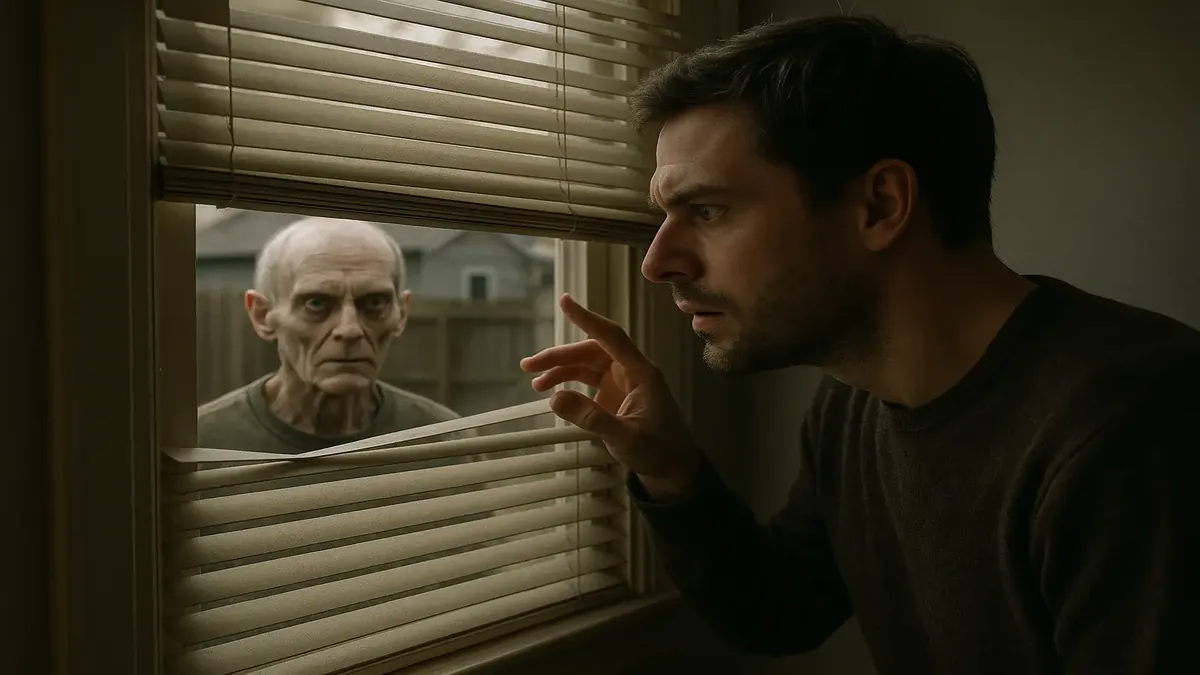 Curious neighbor peeking through a window, revealing a surprising secret in a photorealistic setting.