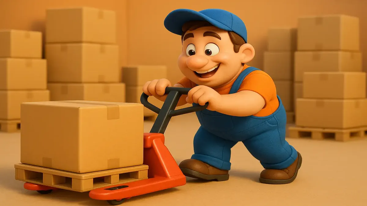 Cartoon-style 3D illustration of a warehouse pallet jack adorned with humorous stickers.