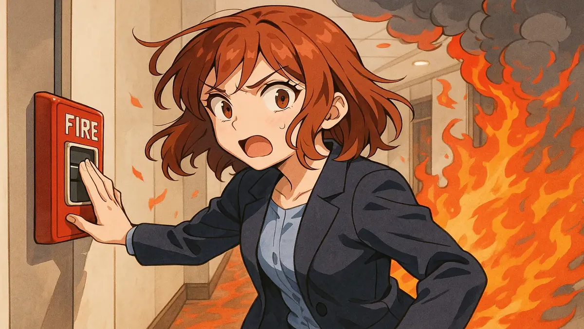 Anime-style illustration of a chaotic hotel fire drill with guests in surprise reactions during an event night.