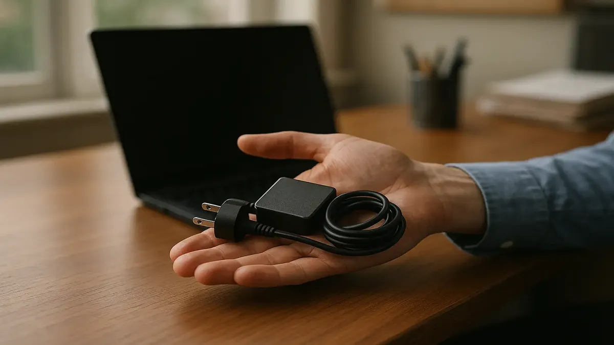 A close-up of a laptop with a power cable, symbolizing an unusual tech request in an office setting.