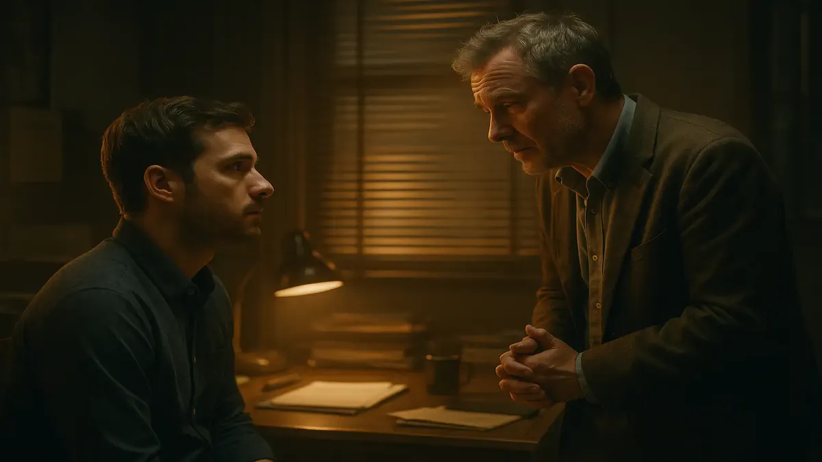 Cinematic image of a frustrated employee confronting a boss about condescending behavior in a workplace setting.