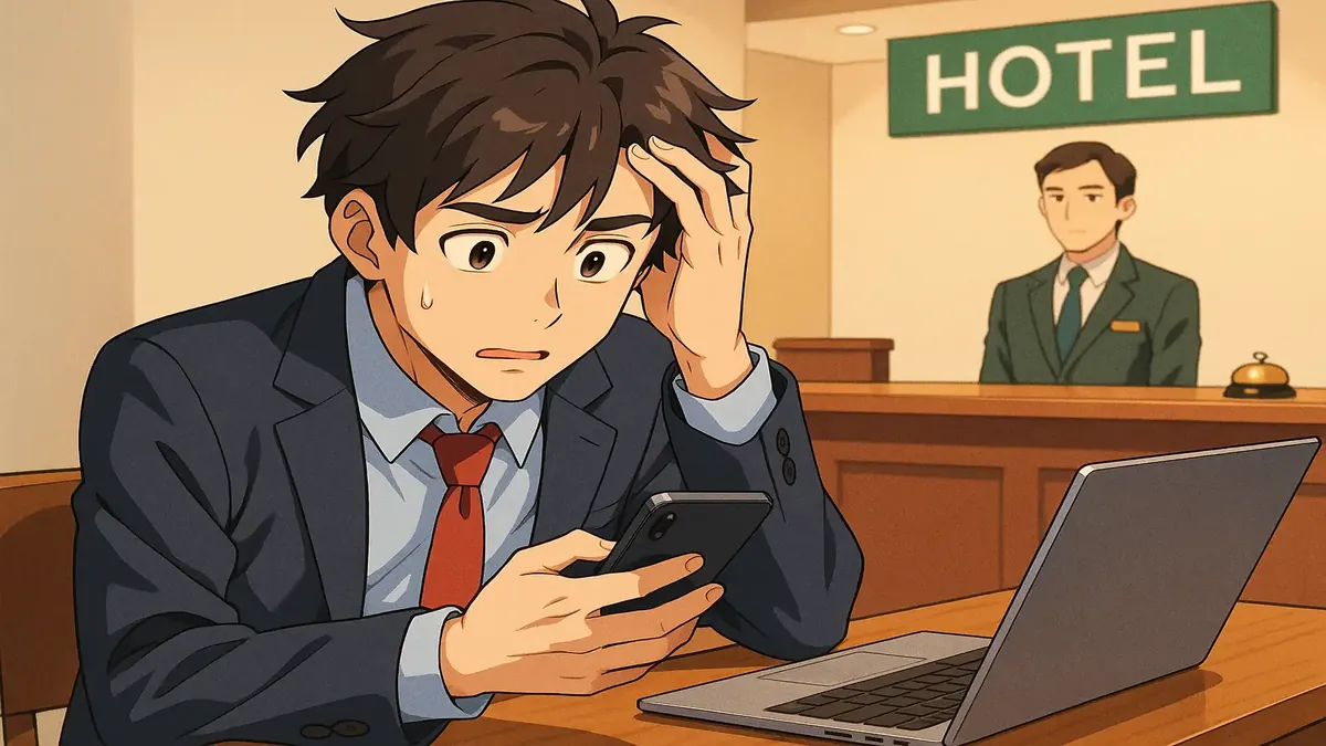 Anime-style illustration of a hotel reception with a concerned individual pondering job offers.