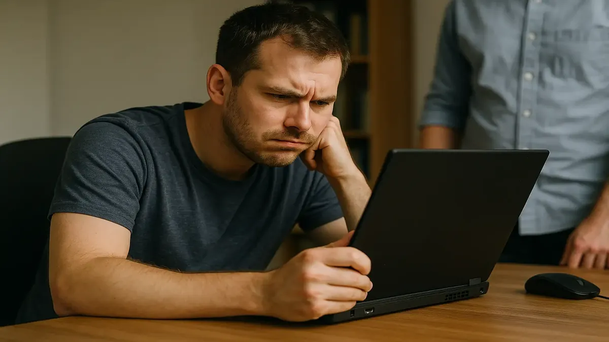 A frustrated person troubleshooting a slow laptop, surrounded by office tools and paperwork.
