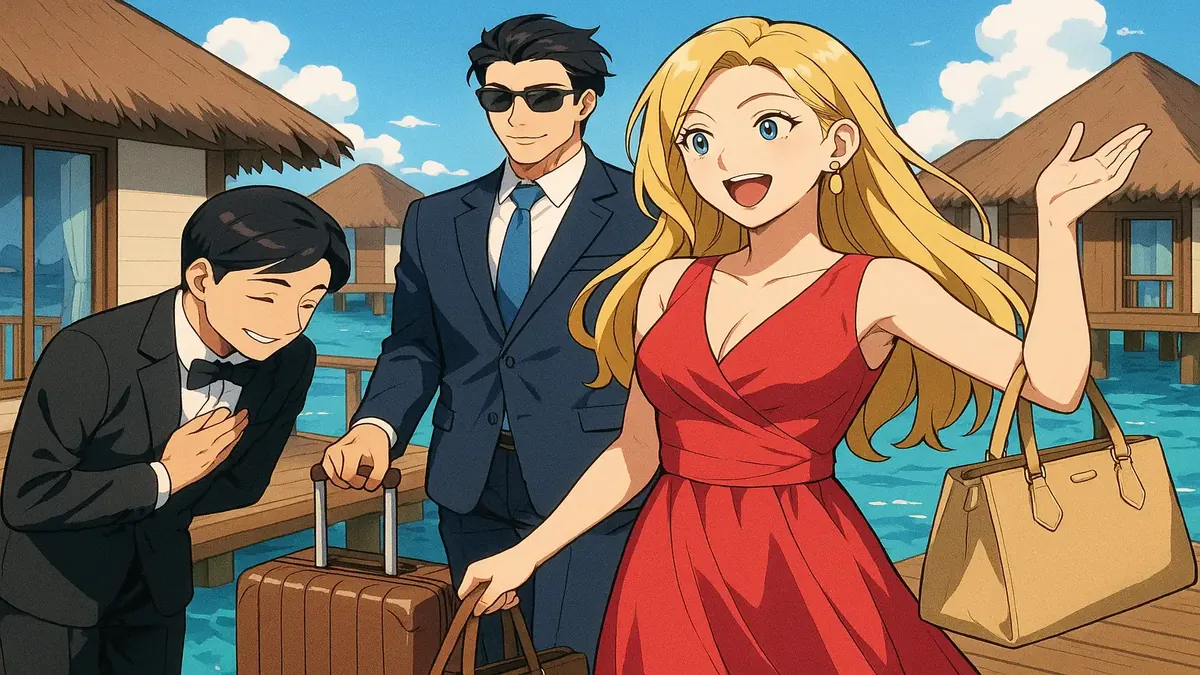 Luxury overwater bungalows and villas at a tropical resort, depicted in vibrant anime style.