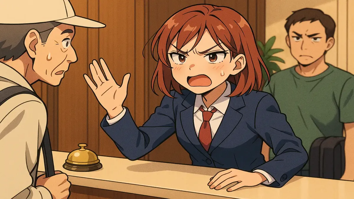 Anime illustration of a frustrated hotel staff member addressing early check-in complaints from guests.