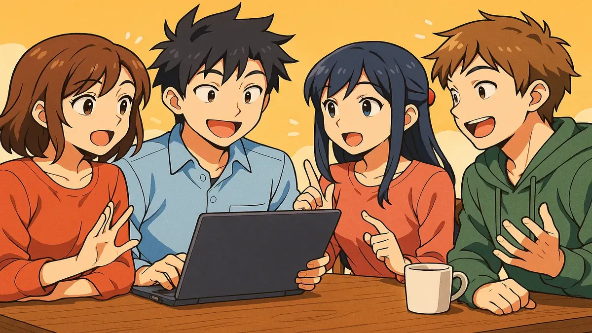 Anime-style illustration depicting a lively discussion with diverse characters sharing ideas and questions.