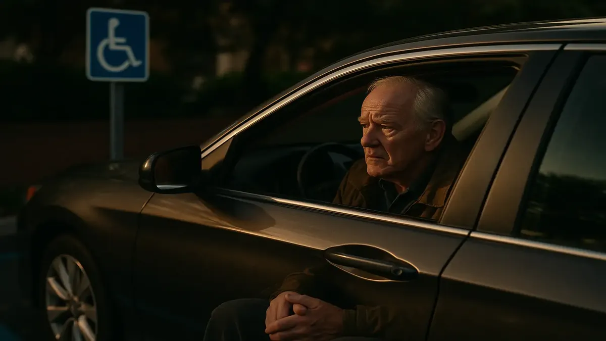 Cinematic scene of a handicap parking spot with an empty space and a sign for accessible parking.