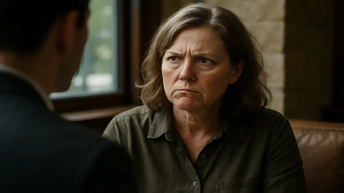 A frustrated woman at a reservation desk, expressing disbelief over a misunderstood booking situation.