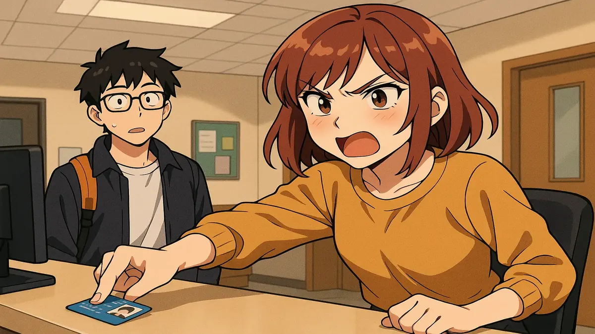 Anime-style illustration of a frustrated front desk proctor at a dorm, showcasing a humorous confrontation.