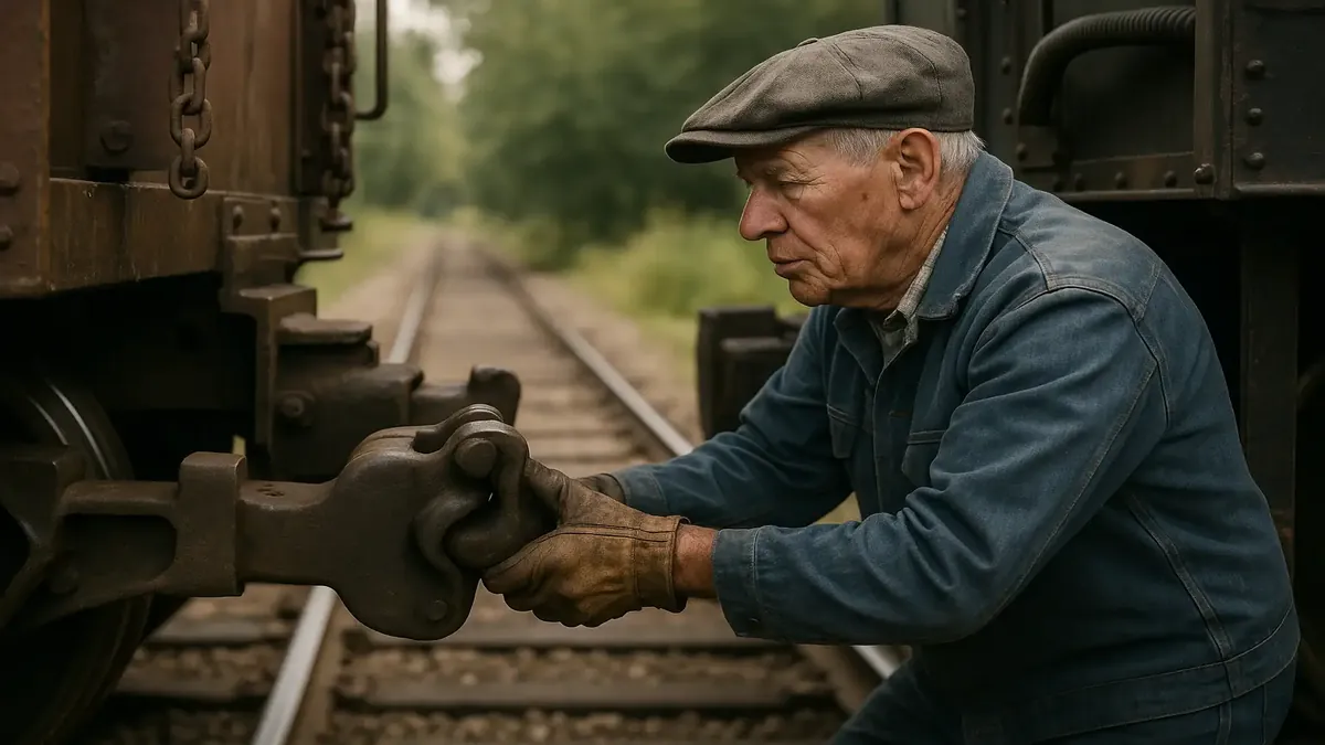 A vintage photograph of a railroad signalman coupling trains, capturing a moment of compliance and nostalgia.
