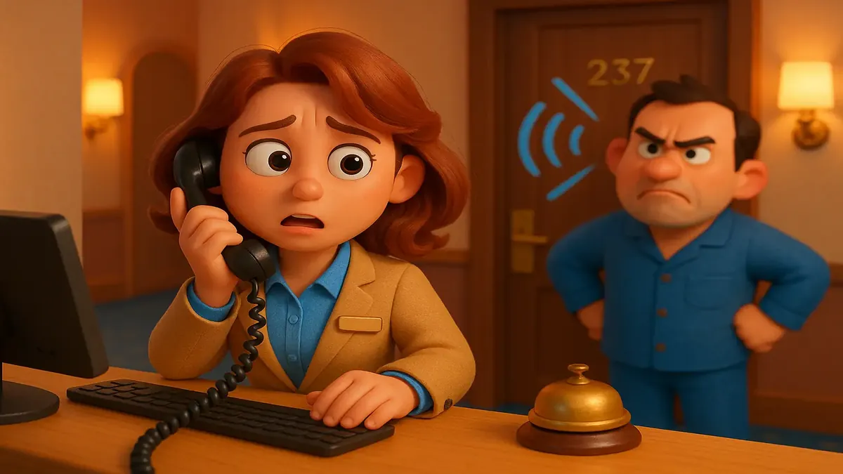 Cartoon-3D illustration of a front desk worker receiving a noise complaint call in a busy hotel.