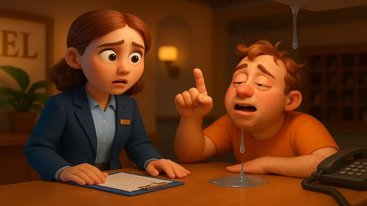Cartoon-style illustration of a hotel night auditor handling a guest complaint about a ceiling leak.