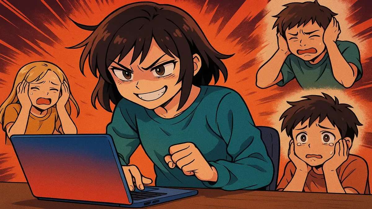 Anime-style illustration of a teenager reflecting on past cyberbullying experiences and emotional struggles.