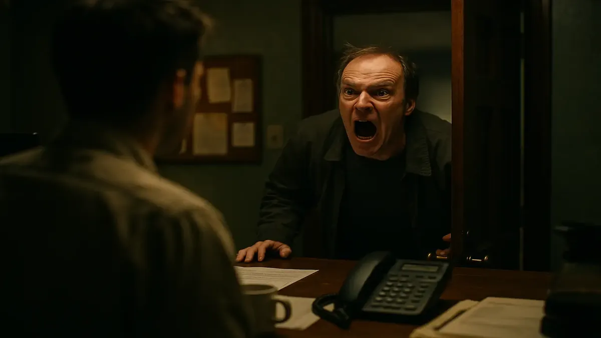 Creepy guest interactions in a cinematic style, showcasing unexpected encounters at a service desk.
