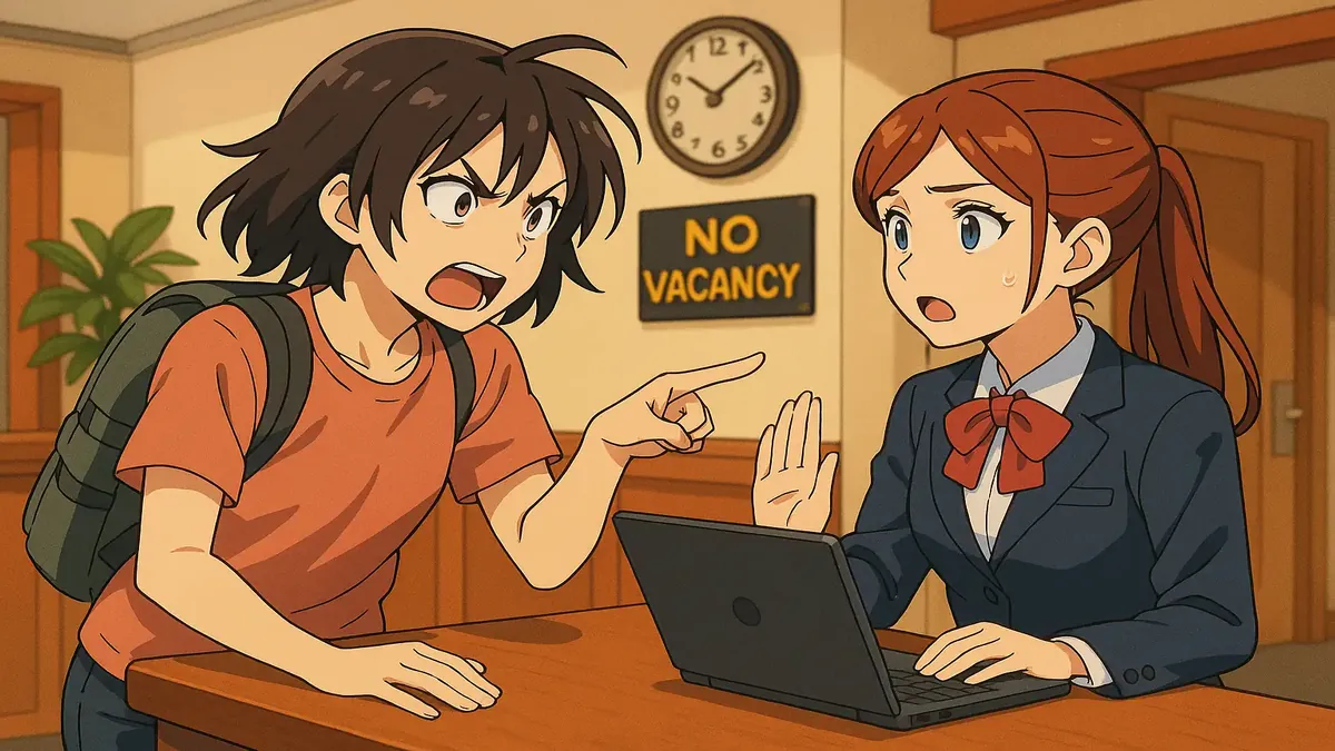 Anime illustration of a hotel lobby with guests waiting for check-in, conveying a busy atmosphere.