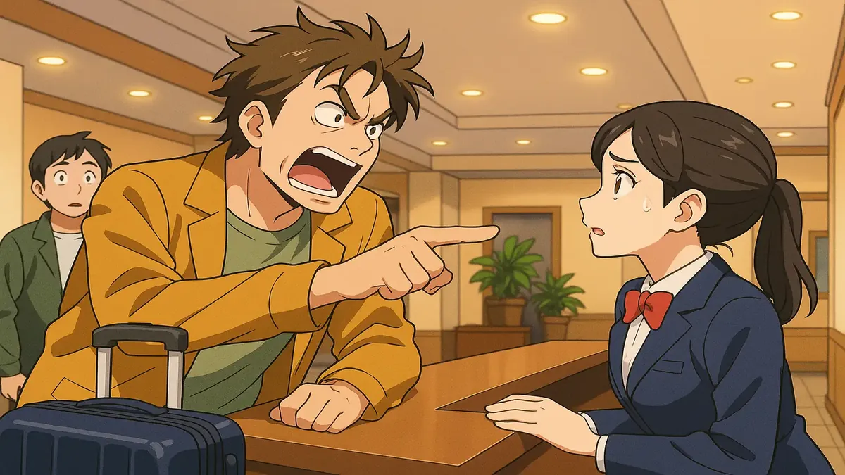 Angry man yelling at the front desk about his suitcase in an anime-style illustration.