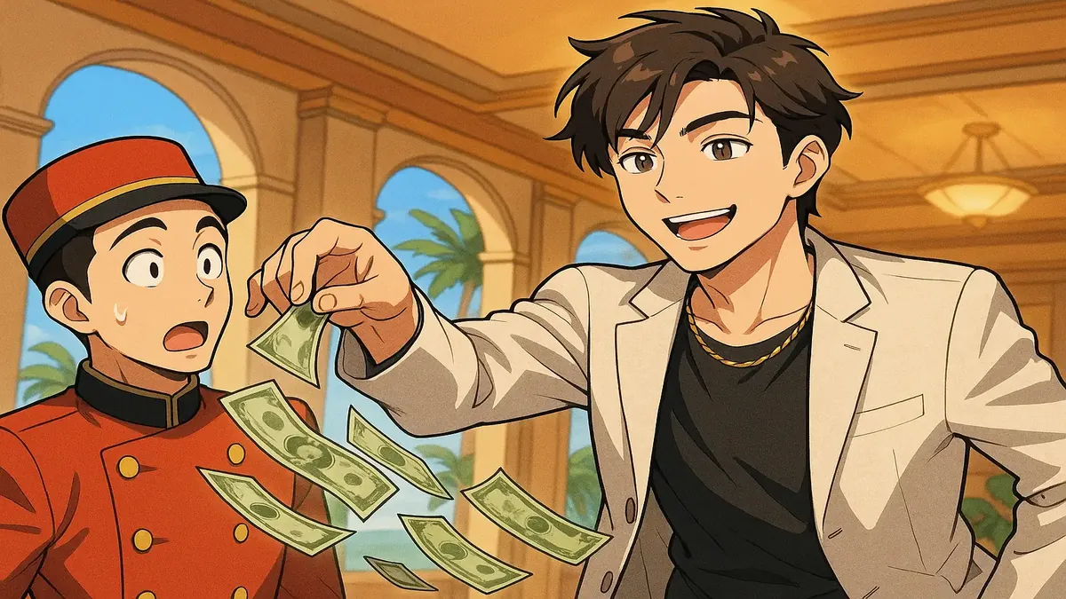 Anime illustration of a luxury couple checking into a high-end hotel, symbolizing wealth and adventure.