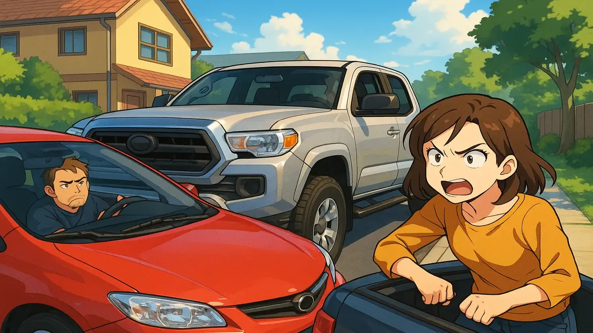 Anime-style illustration of a frustrated driver maneuvering around a neighbor's truck blocking a driveway.