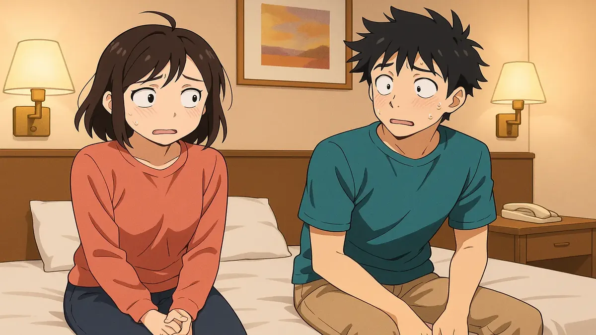 Anime-style illustration of a snowstorm and a lonely hotel room setting with a character on Tinder.