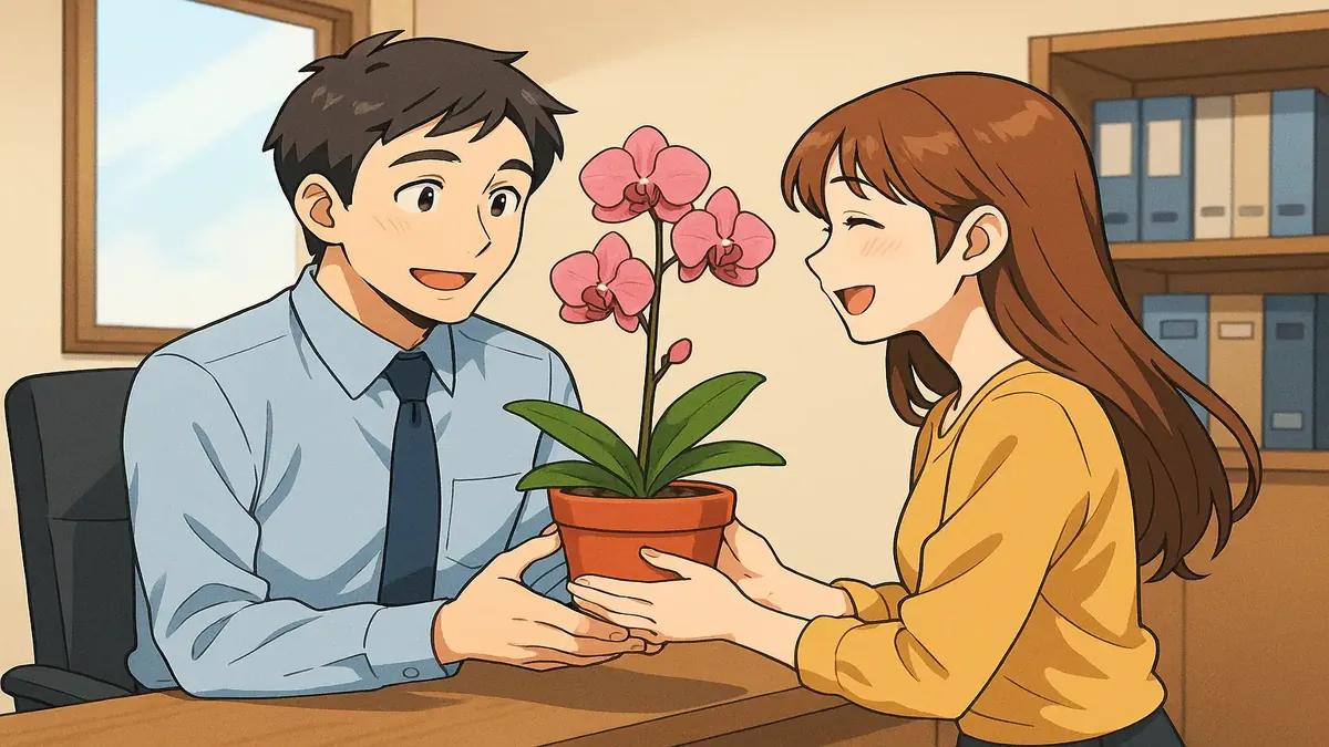 Anime illustration of a kind lady with a potted plant, symbolizing appreciation and gratitude in daily life.
