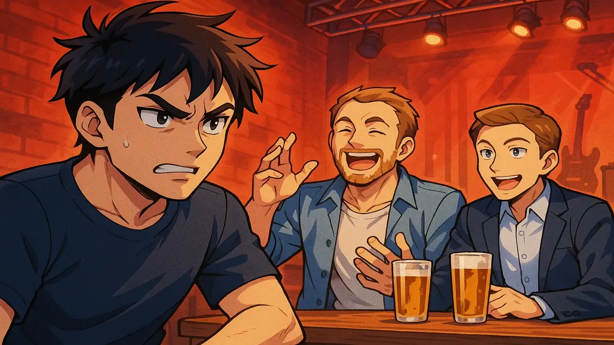 Anime illustration of two friends in a bar, hinting at betrayal and business creation.