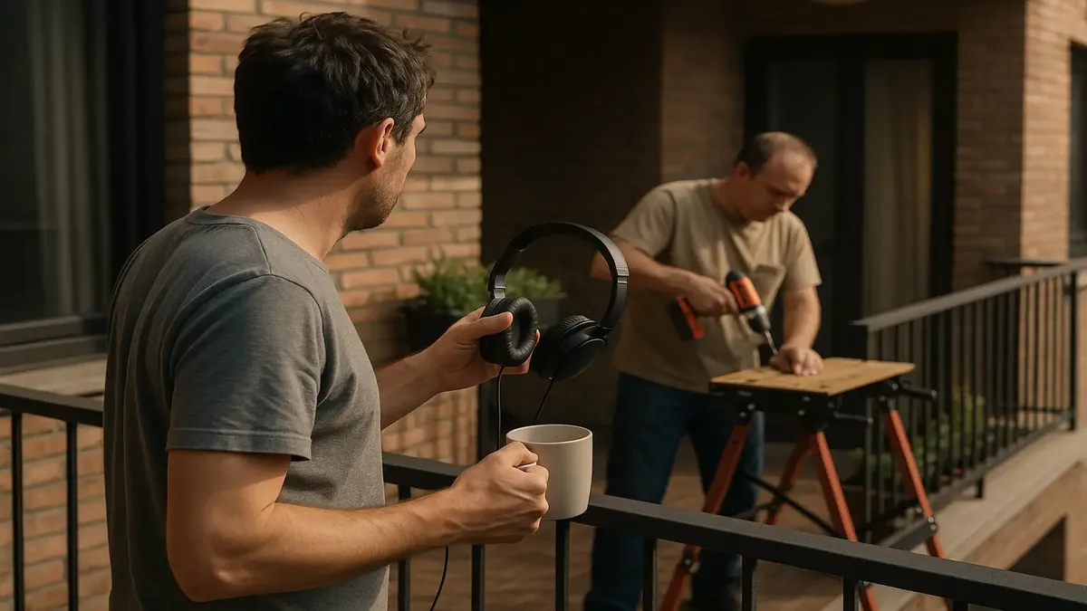 Frustrated person plotting petty revenge against a noisy neighbor in a photorealistic scene.