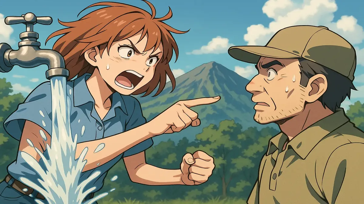 Anime illustration of a rural NZ landscape with artesian water supply and a neighbor cutting it off.