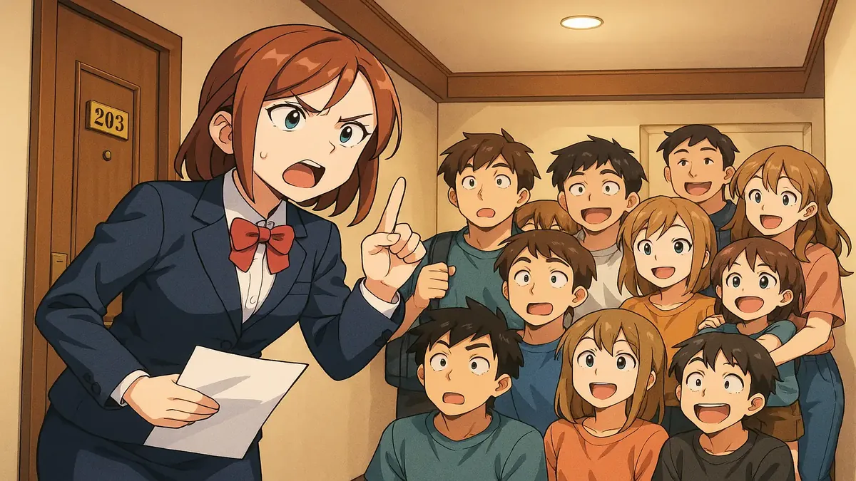 Humorous anime-style illustration of a hotel room with guests breaking etiquette rules.