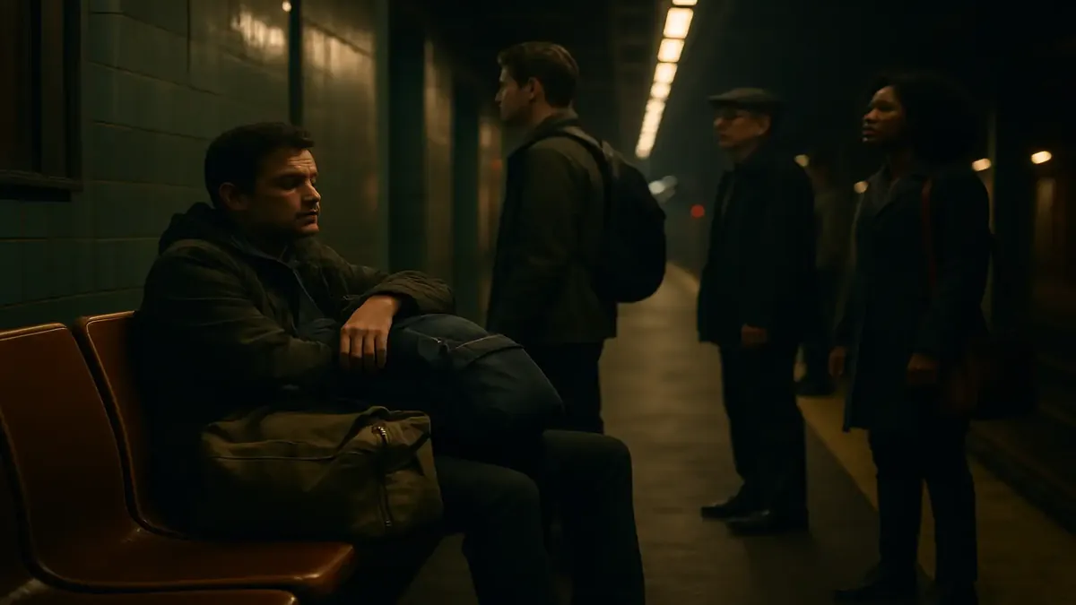 Subway station scene with a man occupying multiple seats while others stand waiting for the train.