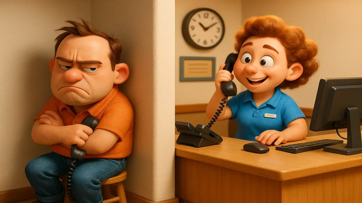 Cartoon-style illustration of a busy hotel check-in with an impatient caller on hold and a frustrated staff member.