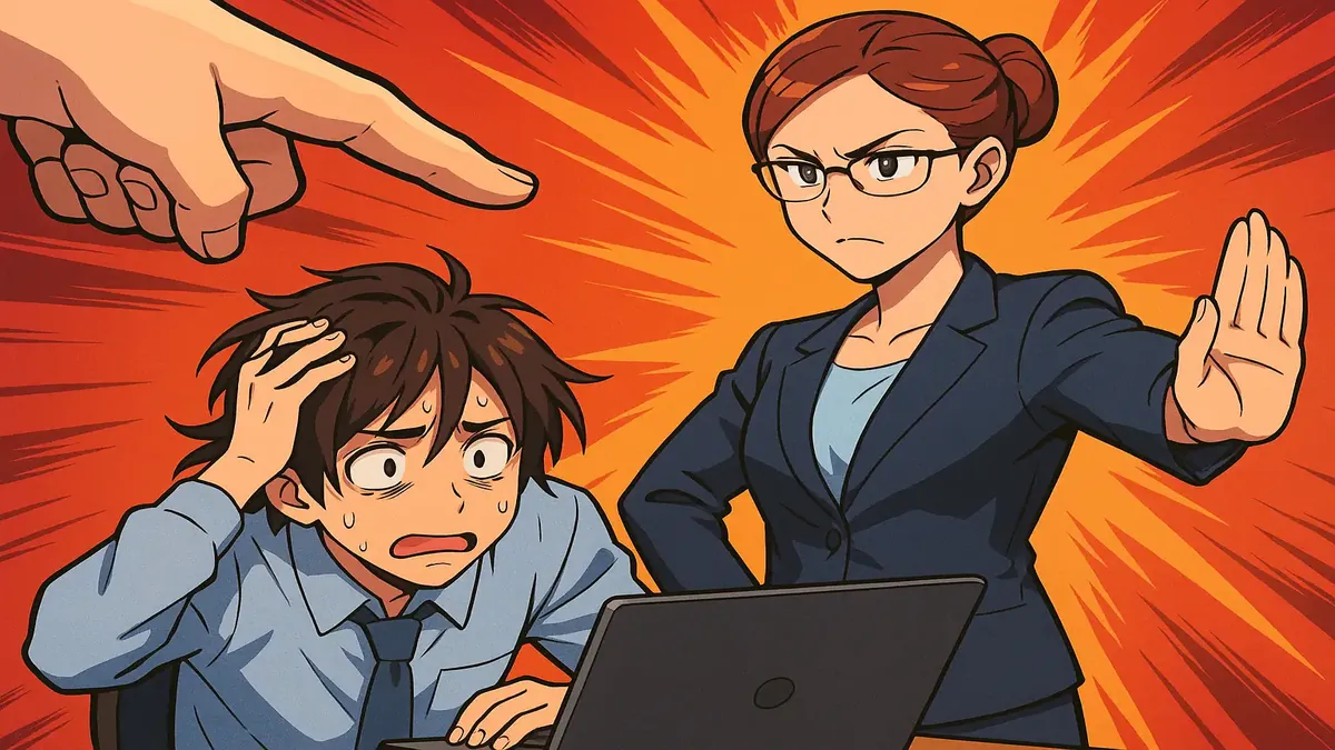 Anime illustration depicting an HR representative prioritizing company interests over employee well-being.