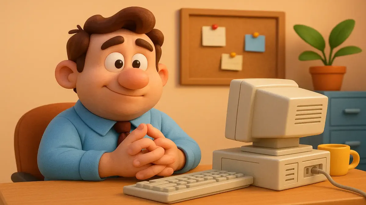 Cartoon 3D illustration of a nostalgic Systems Administrator managing an outdated Banyan Vines system.