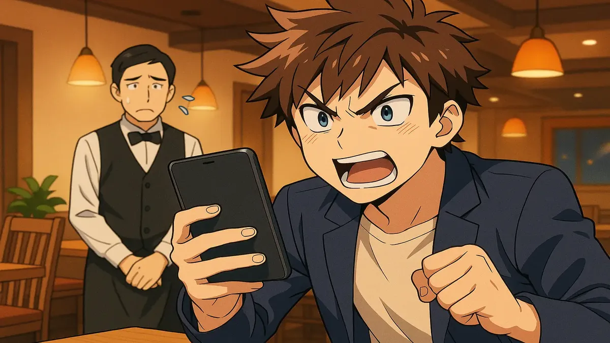 Anime-style illustration of a food review with a discount voucher at a restaurant table setting.