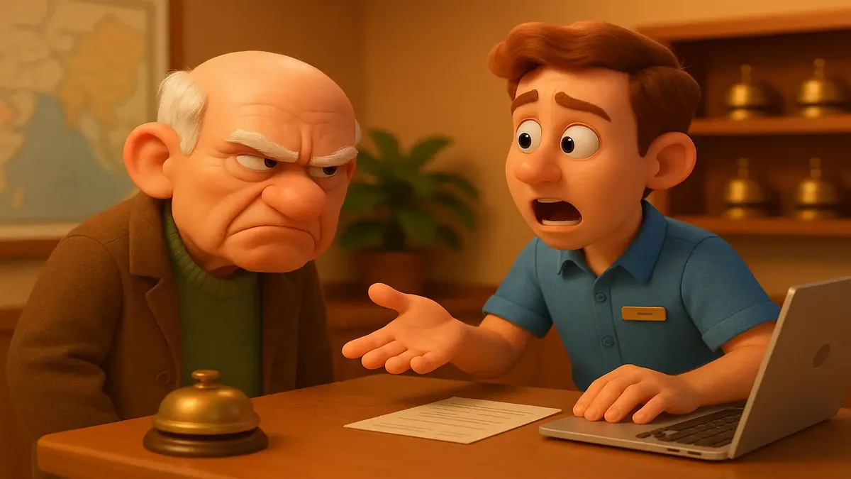 Cartoon 3D illustration of a hotel lobby with a confused man standing at the reception desk.