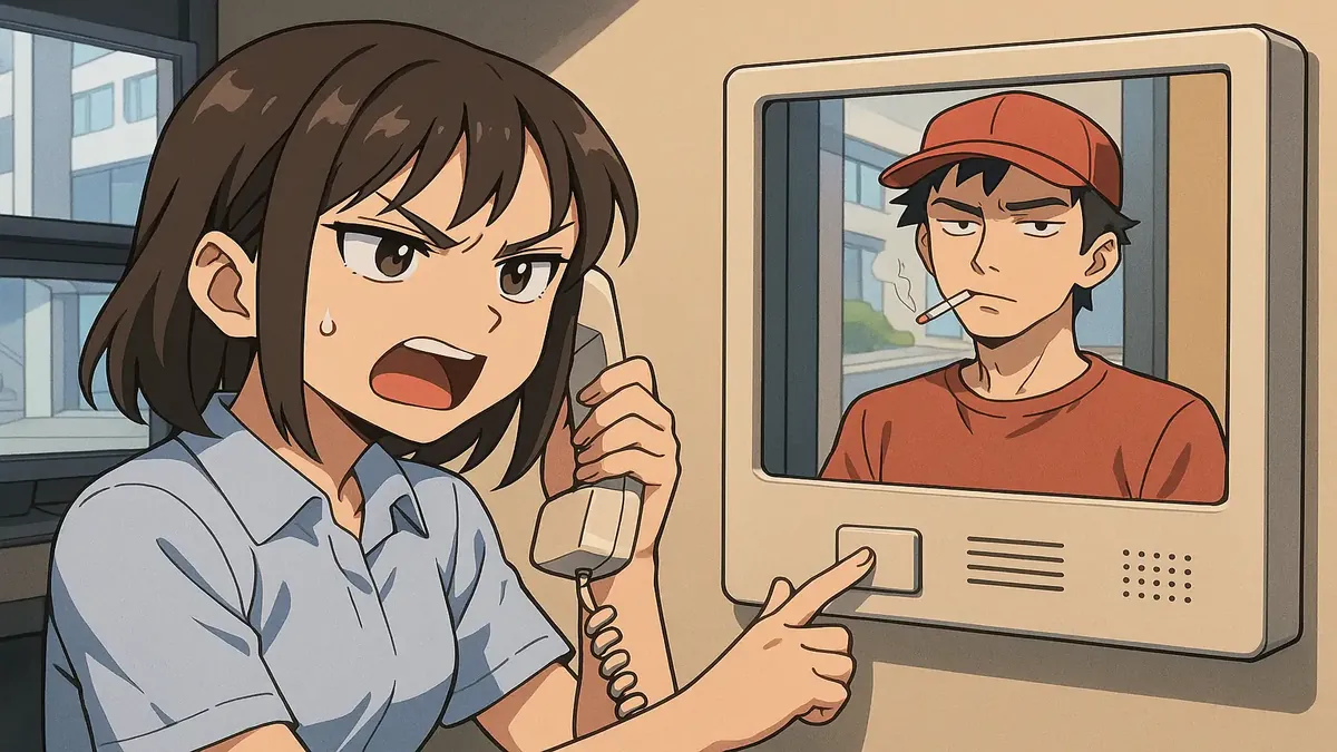 Anime illustration of a confused person confronting a door-to-door delivery attempt with a smoker outside.