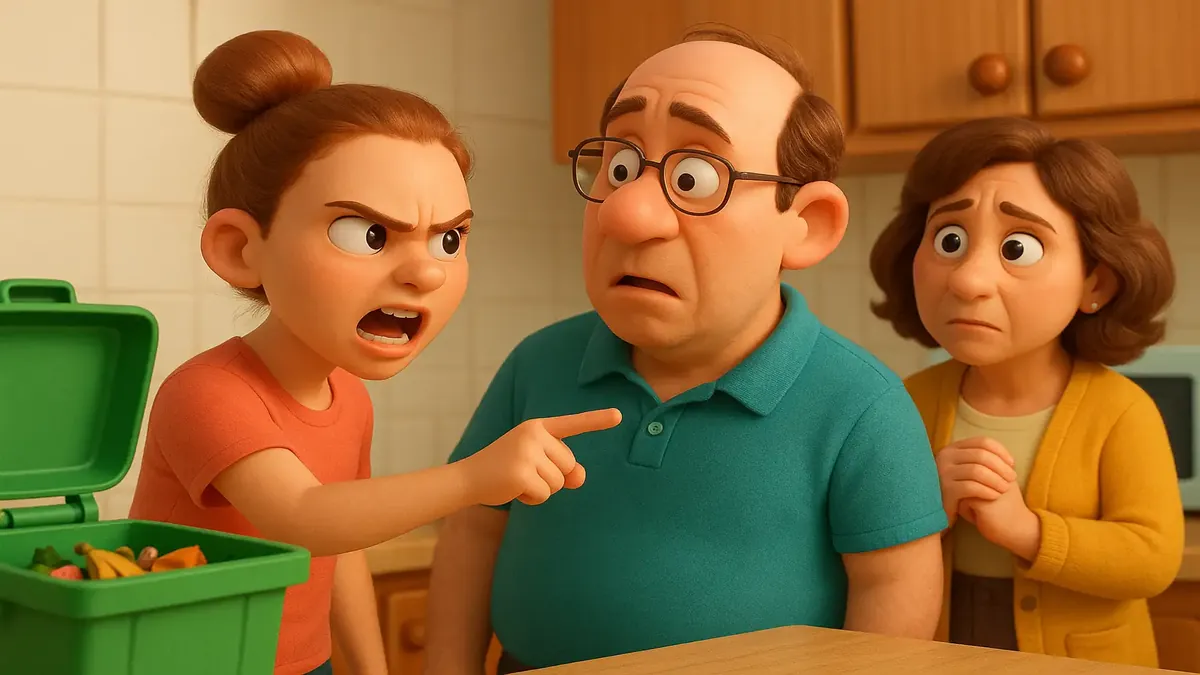 Cartoon-3D depiction of a heated family argument over composting and personal boundaries in a kitchen setting.