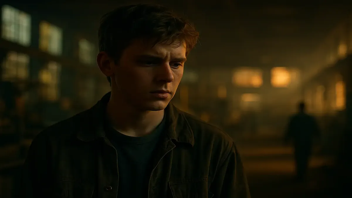 Factory scene featuring young Kevin and coworkers, showcasing camaraderie and hard work in a cinematic style.