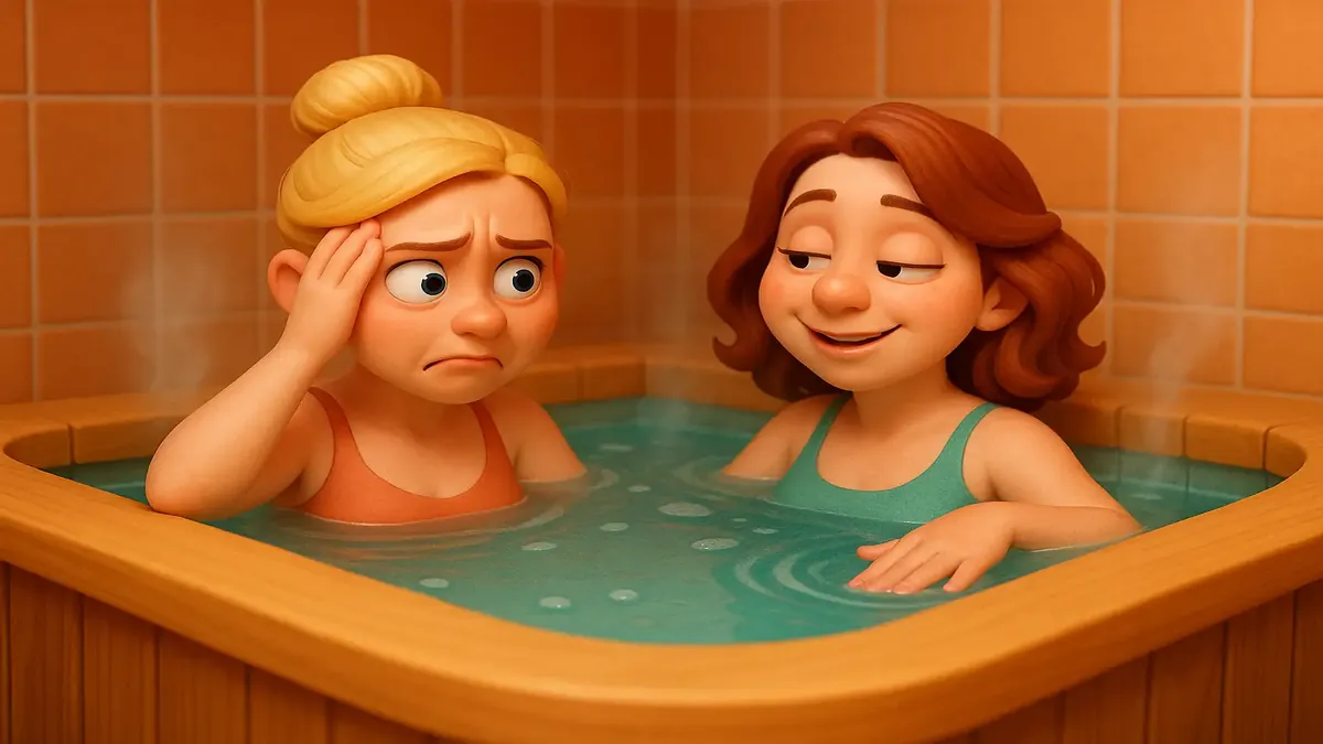 Cartoon-3D illustration of two women surprised in a motel hot mineral bath room, highlighting the soaking experience.
