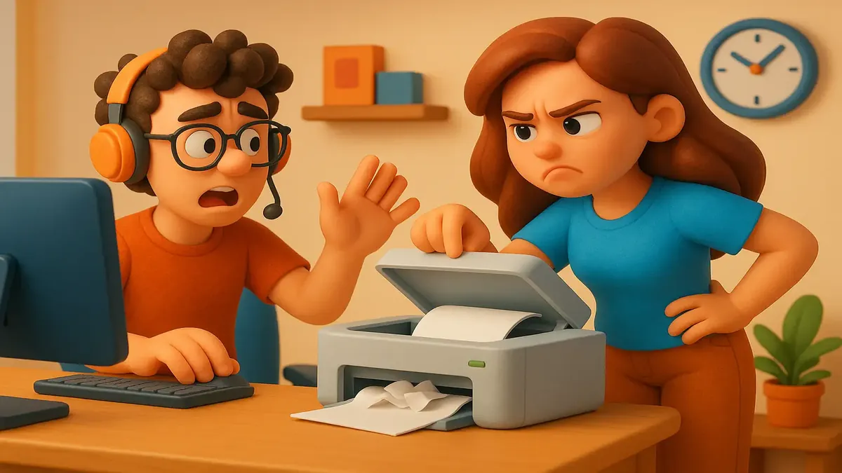 Cartoon-style illustration of a frustrated person trying to unjam a printer while chatting on Discord.