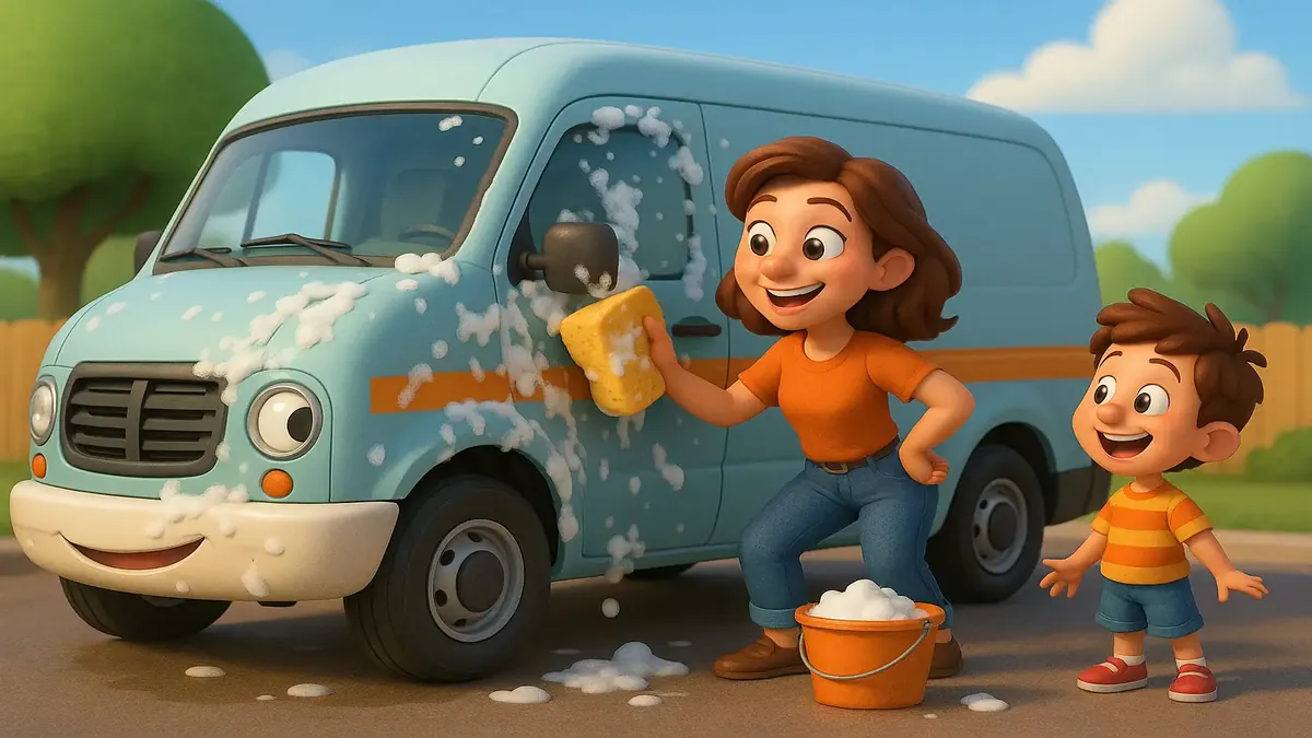 Cartoon 3D illustration of a clean section van ready for service, symbolizing easy cleaning solutions.