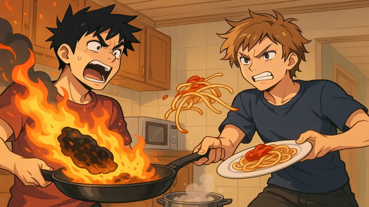 Anime illustration of a student cooking in a shared kitchen, humorously reacting to burnt food.