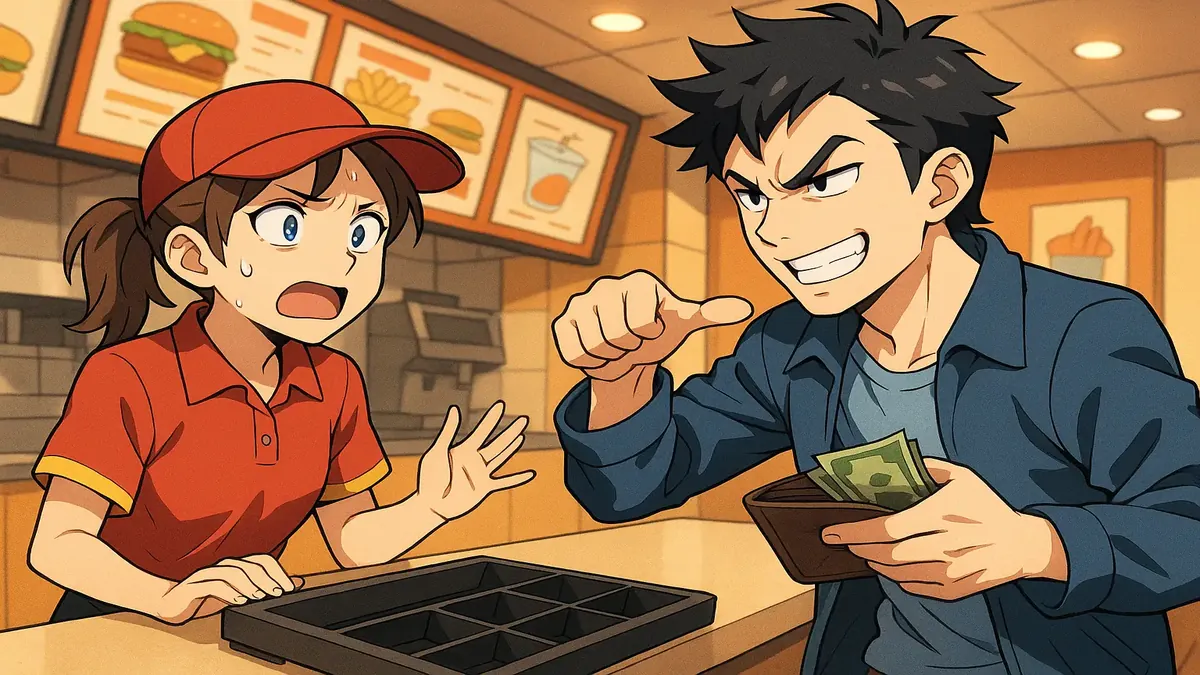 Cheery anime character engaging with a service worker, promoting kindness in customer interactions.
