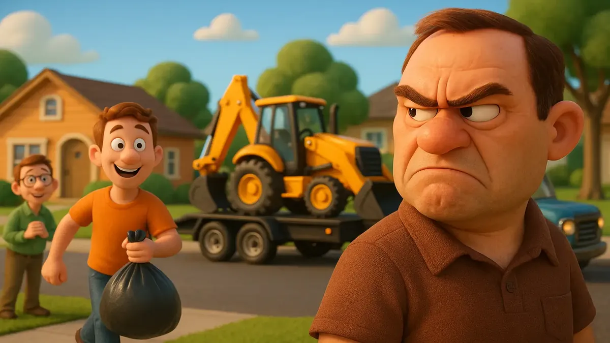 Cartoon 3D illustration of a mean neighbor's yard cluttered with excavation equipment and trash.